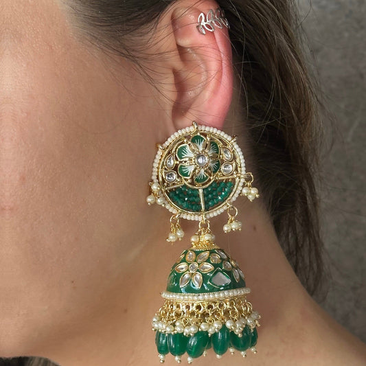 Green Jhumka Earring/ Meenakari/ Indian/ Pakistani Style/ Hand Painted/ Gift for women/Faux Kundan