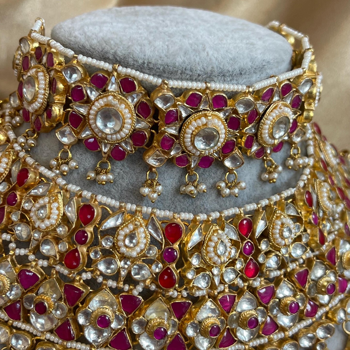 Ruby Full Kundan Style: Bridal Set/ Indian/Pakistani Style/ Choker/ Necklace and Earring/ Bright Gold/ Clear Stones/ Champagne Beads