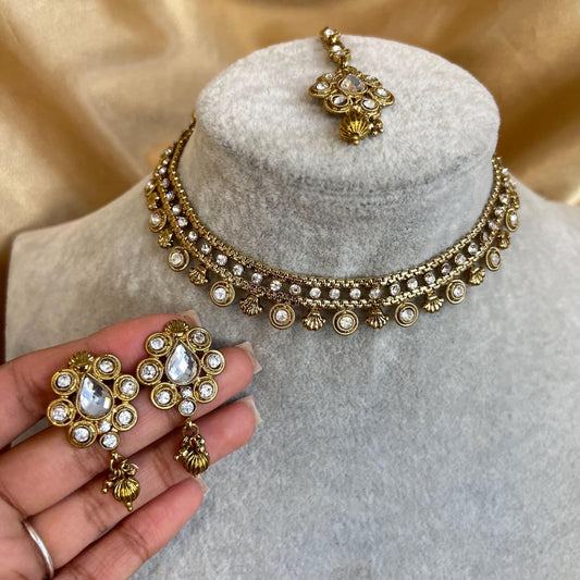 Clear Thin Necklace Set Earring/ Tikka/ Tikli/ Indian/ Pakistani/Fashion Jewellery/ Gift for Women/ Antique Gold with Clear Rhinestone