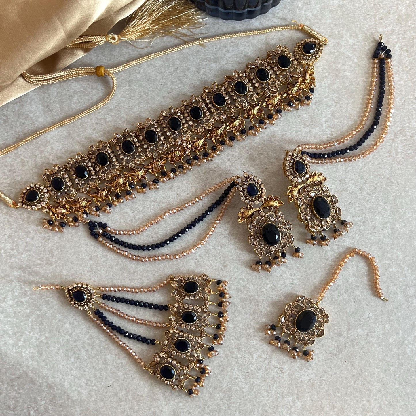 Navy Antique Gold Victorian Style Set-Vintage Design Earring/ Tikka/ Jhumar/ Indian/ Pakistani/Fashion Jewellery/ Gift for Women/ Rhinestone