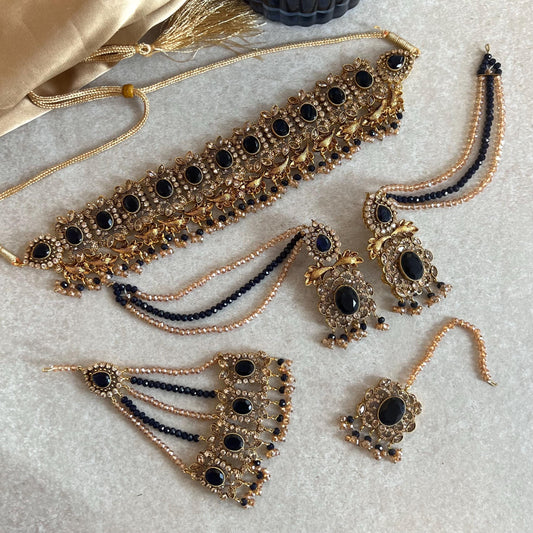 Navy Antique Gold Victorian Style Set-Vintage Design Earring/ Tikka/ Jhumar/ Indian/ Pakistani/Fashion Jewellery/ Gift for Women/ Rhinestone