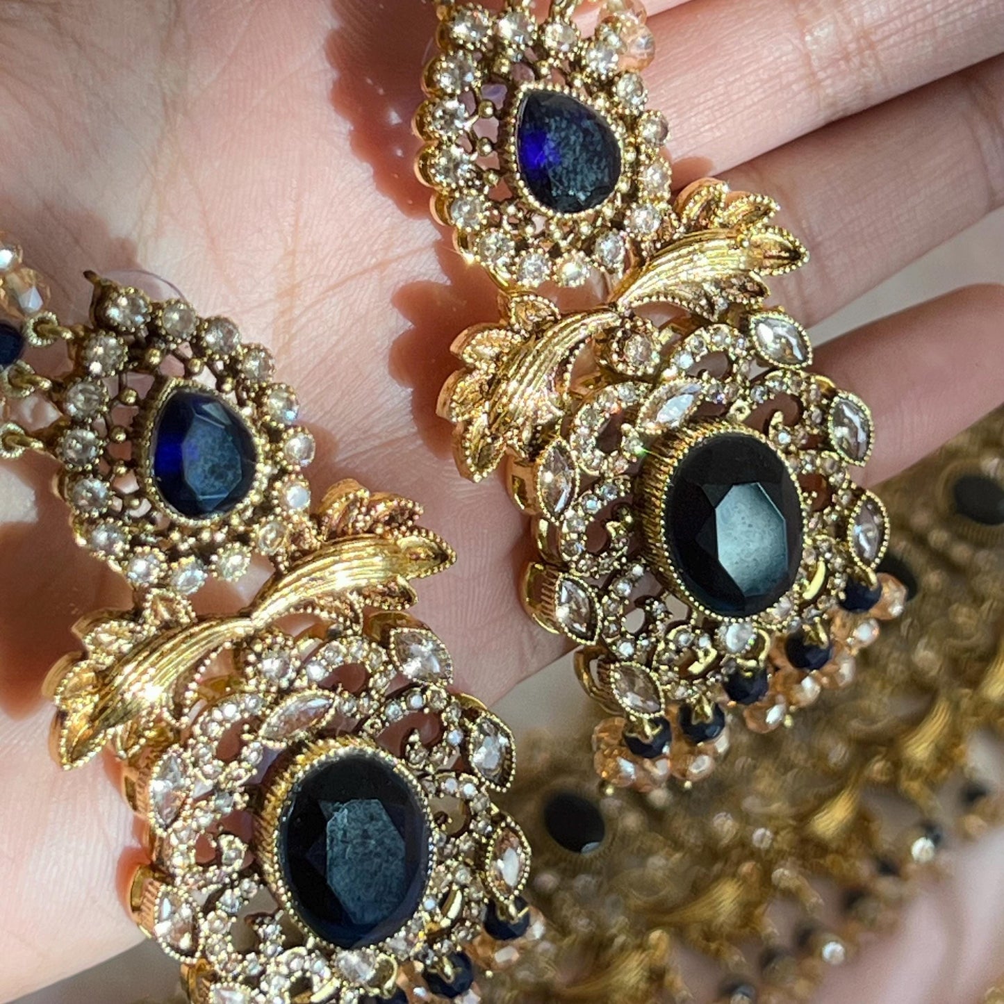 Navy Antique Gold Victorian Style Set-Vintage Design Earring/ Tikka/ Jhumar/ Indian/ Pakistani/Fashion Jewellery/ Gift for Women/ Rhinestone