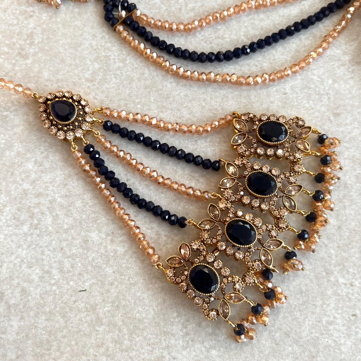 Navy Antique Gold Victorian Style Set-Vintage Design Earring/ Tikka/ Jhumar/ Indian/ Pakistani/Fashion Jewellery/ Gift for Women/ Rhinestone