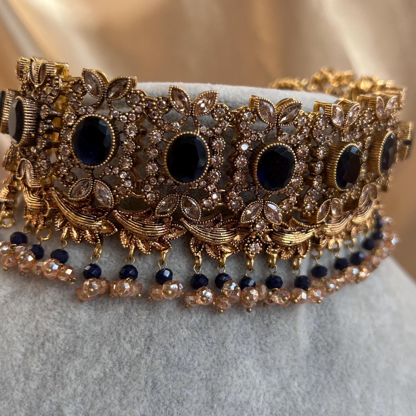 Navy Antique Gold Victorian Style Set-Vintage Design Earring/ Tikka/ Jhumar/ Indian/ Pakistani/Fashion Jewellery/ Gift for Women/ Rhinestone