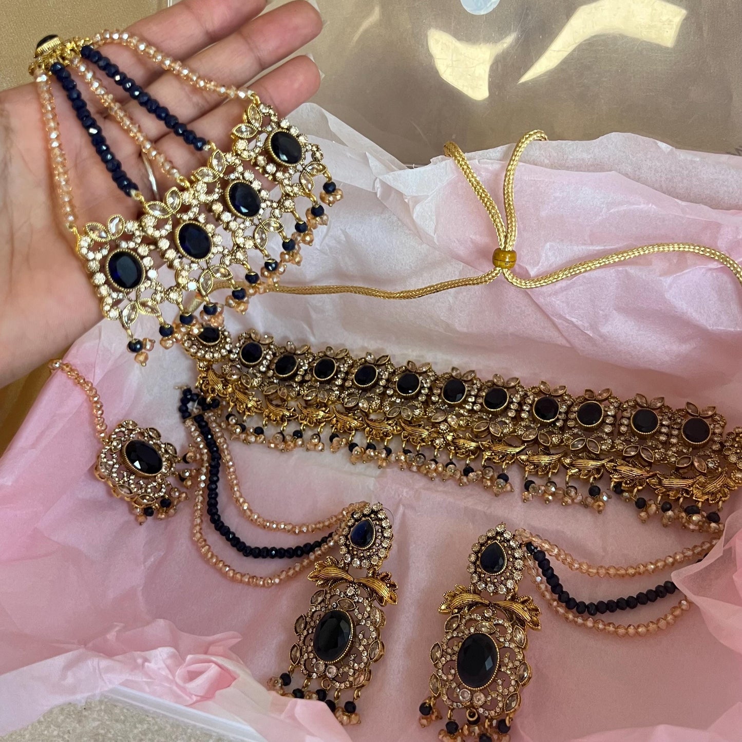 Navy Antique Gold Victorian Style Set-Vintage Design Earring/ Tikka/ Jhumar/ Indian/ Pakistani/Fashion Jewellery/ Gift for Women/ Rhinestone