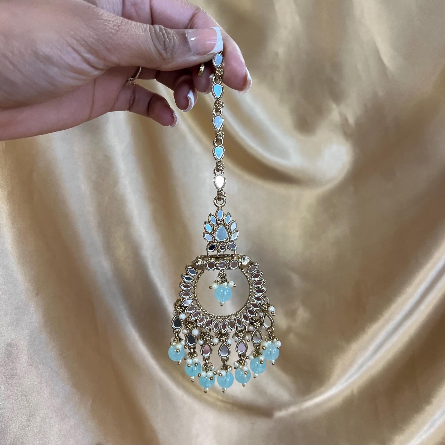 Light Blue Mirrored Tikka (Medium)/ Tikli/ Indian/ Pakistani Fashion Jewellery/Maang Tikkas