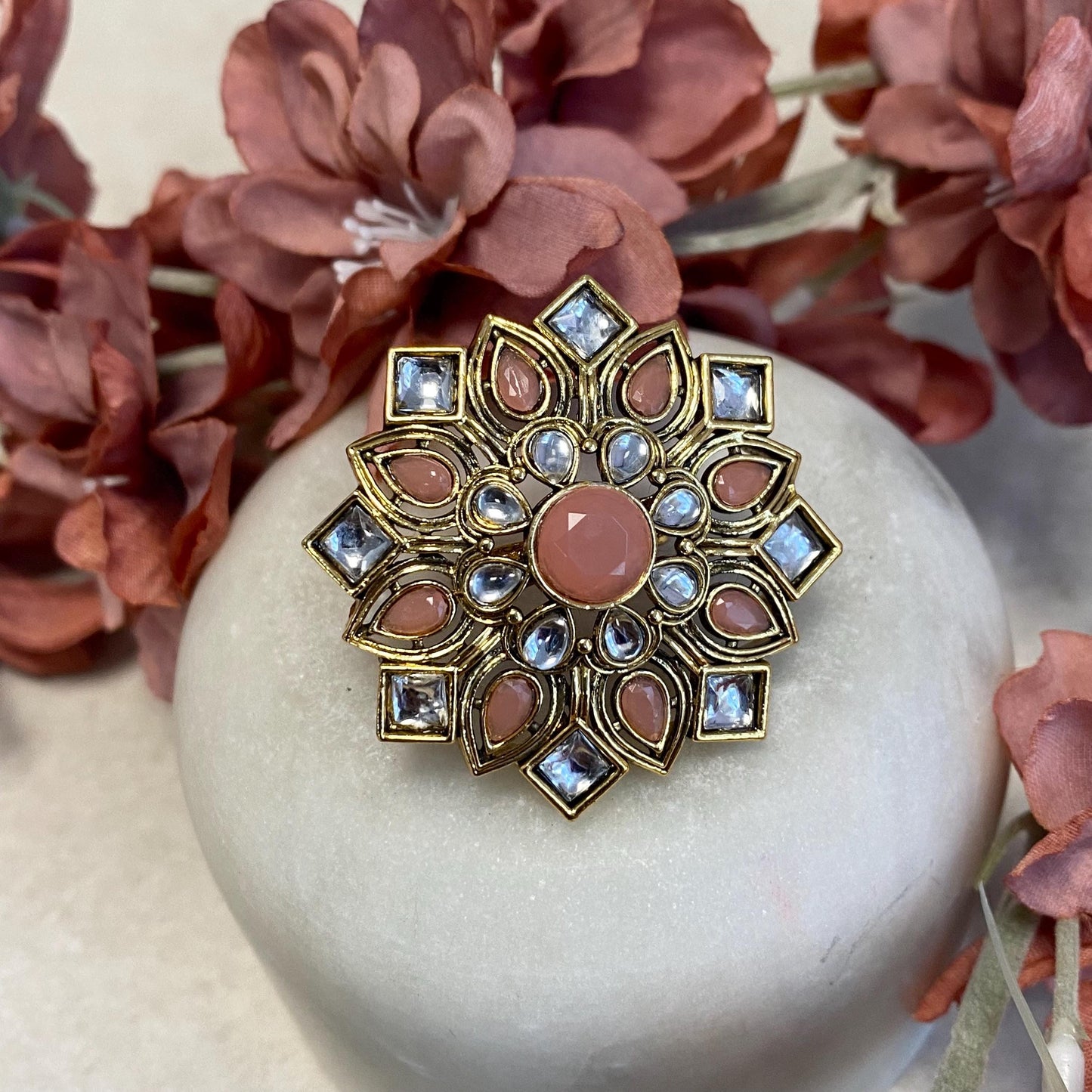 Peach Faux Kundan Adjustable Ring/ Fashion Jewellery/ Gift for Women/Indian/Pakistani style