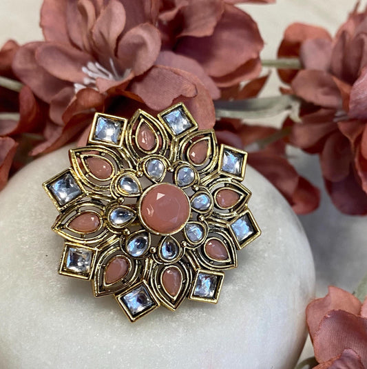 Peach Faux Kundan Adjustable Ring/ Fashion Jewellery/ Gift for Women/Indian/Pakistani style