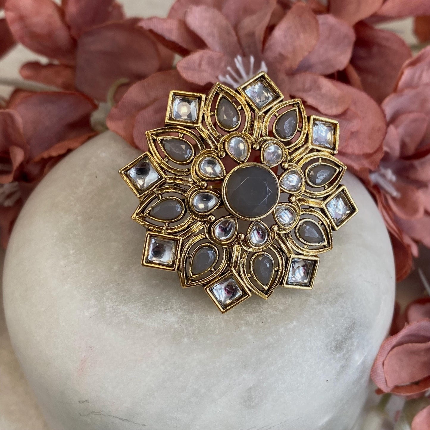 Grey Faux Kundan Adjustable Ring/ Fashion Jewellery/ Gift for Women/Indian/Pakistani style