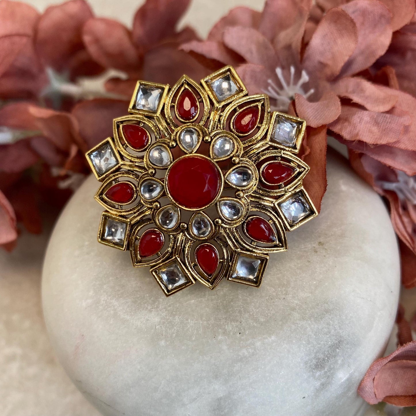 Red Kundan Adjustable Ring/ Fashion Jewellery/ Gift for Women/Indian/Pakistani style