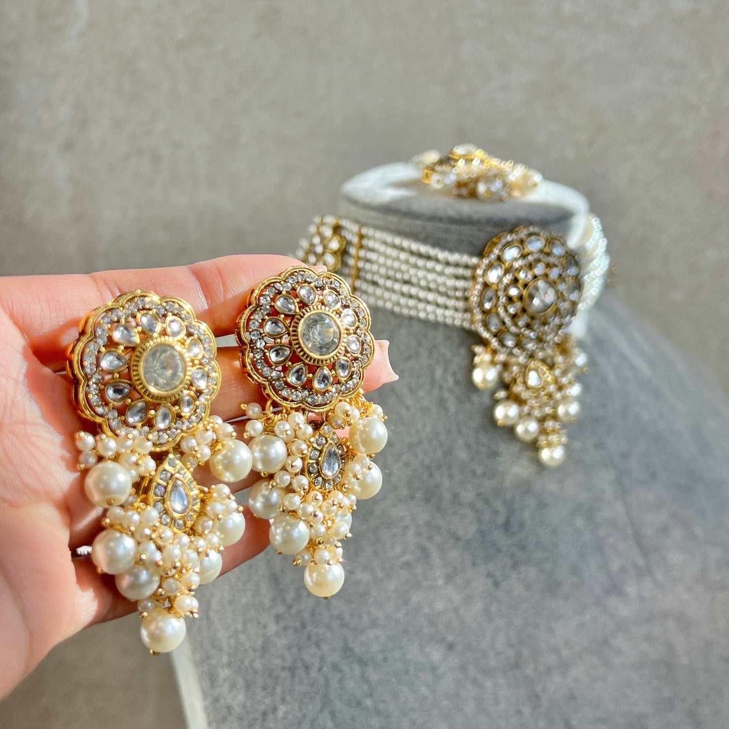 Faux Kundan Clear Pearl Choker set Earring/ Tikka/ Tikli/ Indian/ Pakistani/Fashion Jewellery/ Gift for Women/