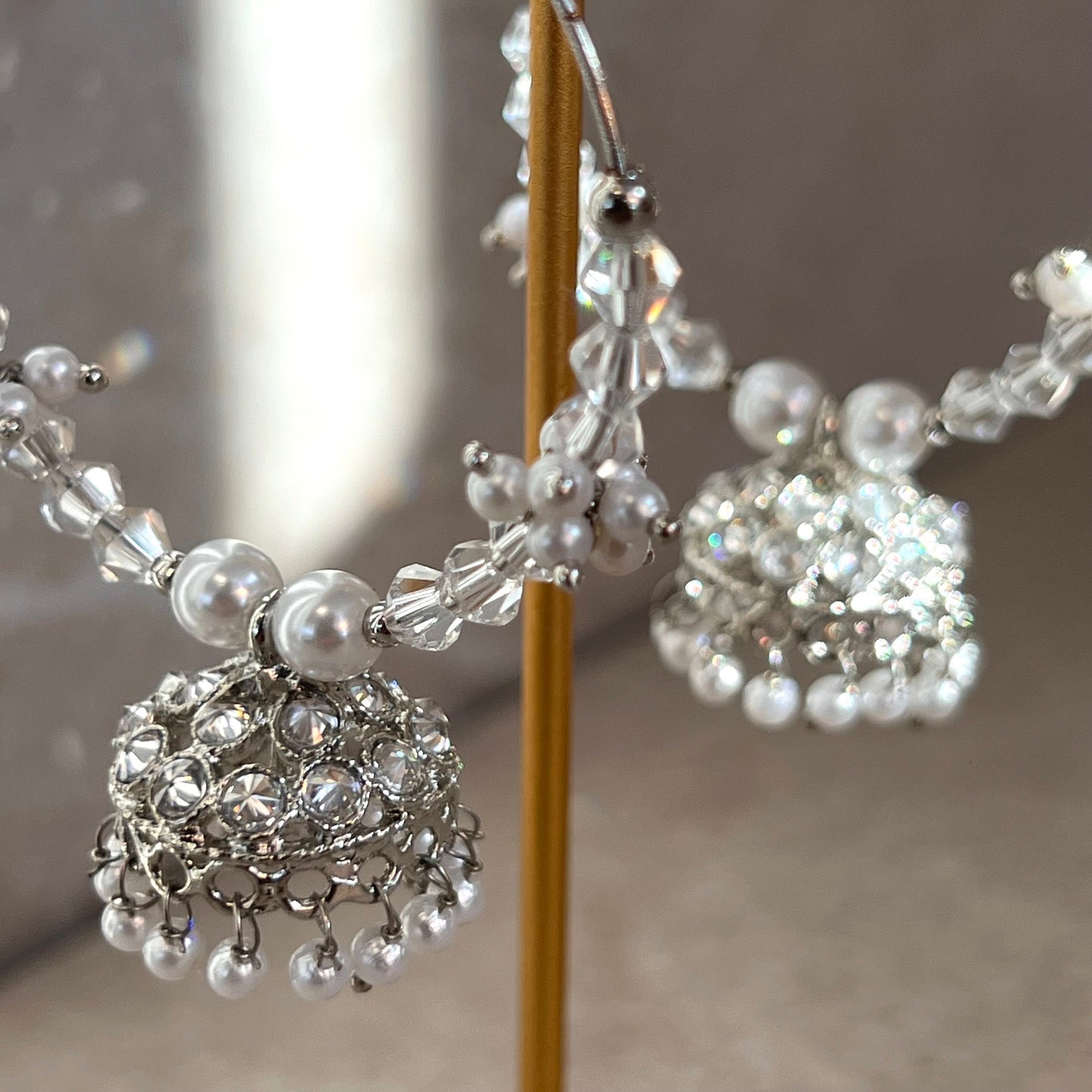 Silver Crystal Pearl Jhumka Indian Hoop Earring/Indian Earrings/Pakistani Fashion/Indian Jewellery/Silver Jewellery/Gifts for Women