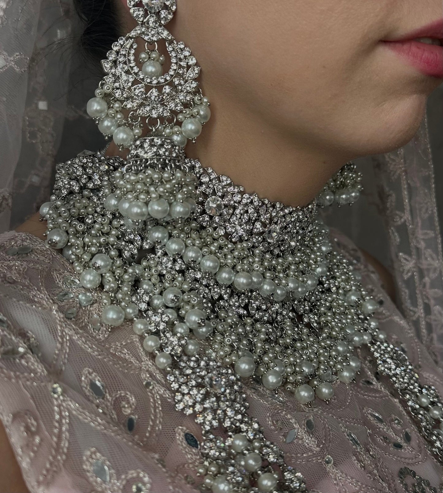 Silver Full Bridal Set Indian/ Pakistani Style/Necklace/ Choker/ Earring/ Tikka/ Mathapatti/Mala/Jhumar