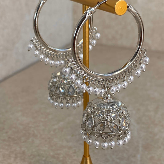 White Pearl/ Silver Crystal Jhumka Indian Hoop Earring/Indian Earrings/Pakistani Fashion/Indian Jewellery/Silver Jewellery/Gifts for Women