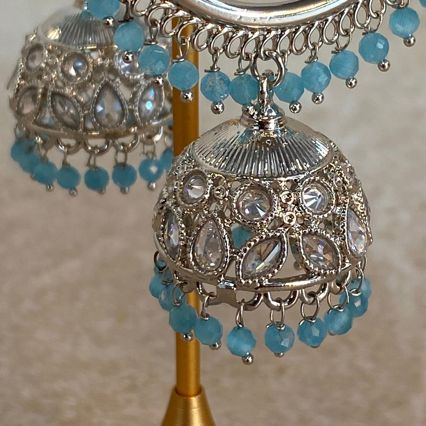 Blue Silver Crystal Jhumka Indian Hoop Earring/Indian Earrings/Pakistani Fashion/Indian Jewellery/Silver Jewellery/Gifts for Women