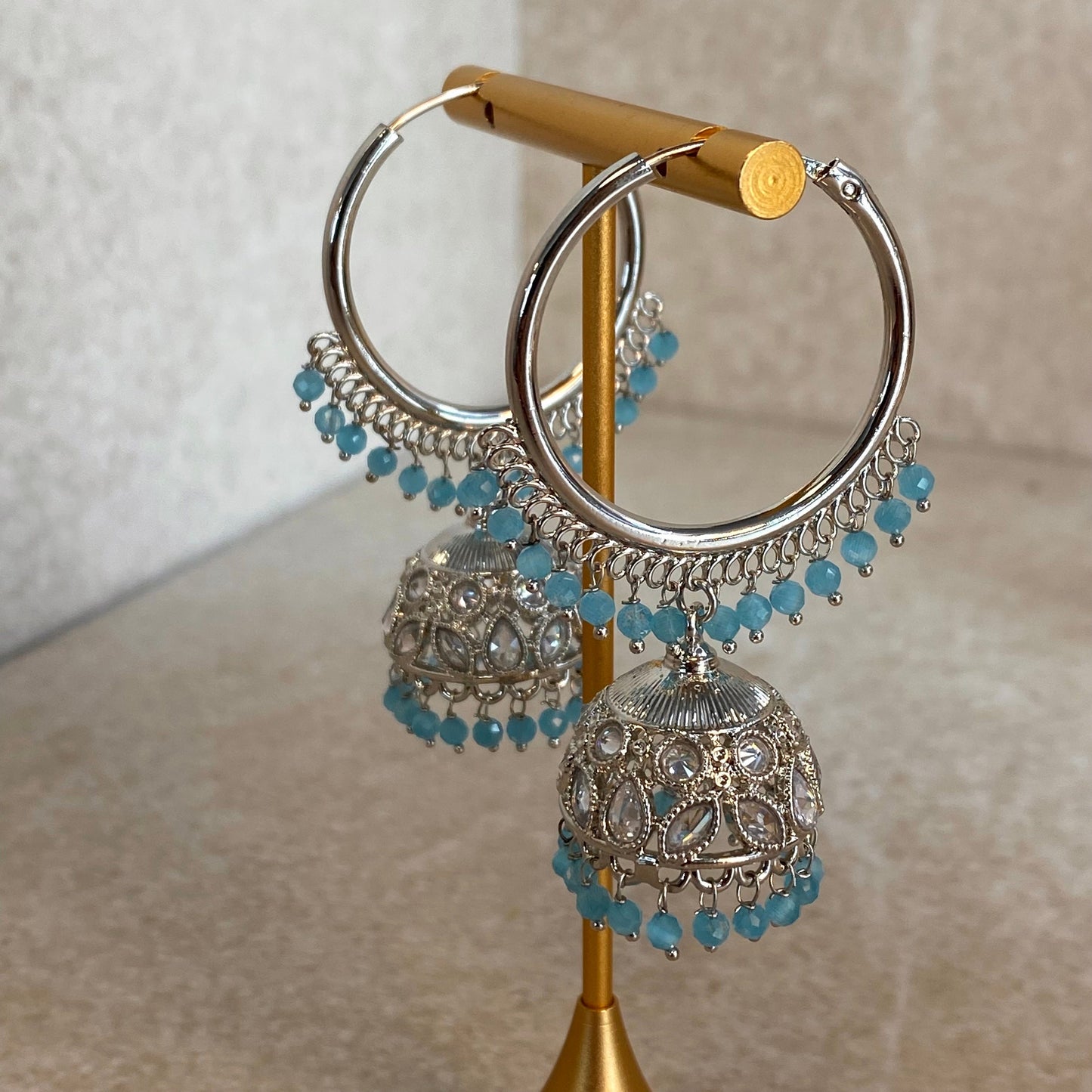 Blue Silver Crystal Jhumka Indian Hoop Earring/Indian Earrings/Pakistani Fashion/Indian Jewellery/Silver Jewellery/Gifts for Women