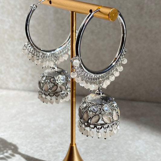 Pale Peach Silver Crystal Jhumka Indian Hoop Earring/Indian Earrings/Pakistani Fashion/Indian Jewellery/Silver Jewellery/Gifts for Women