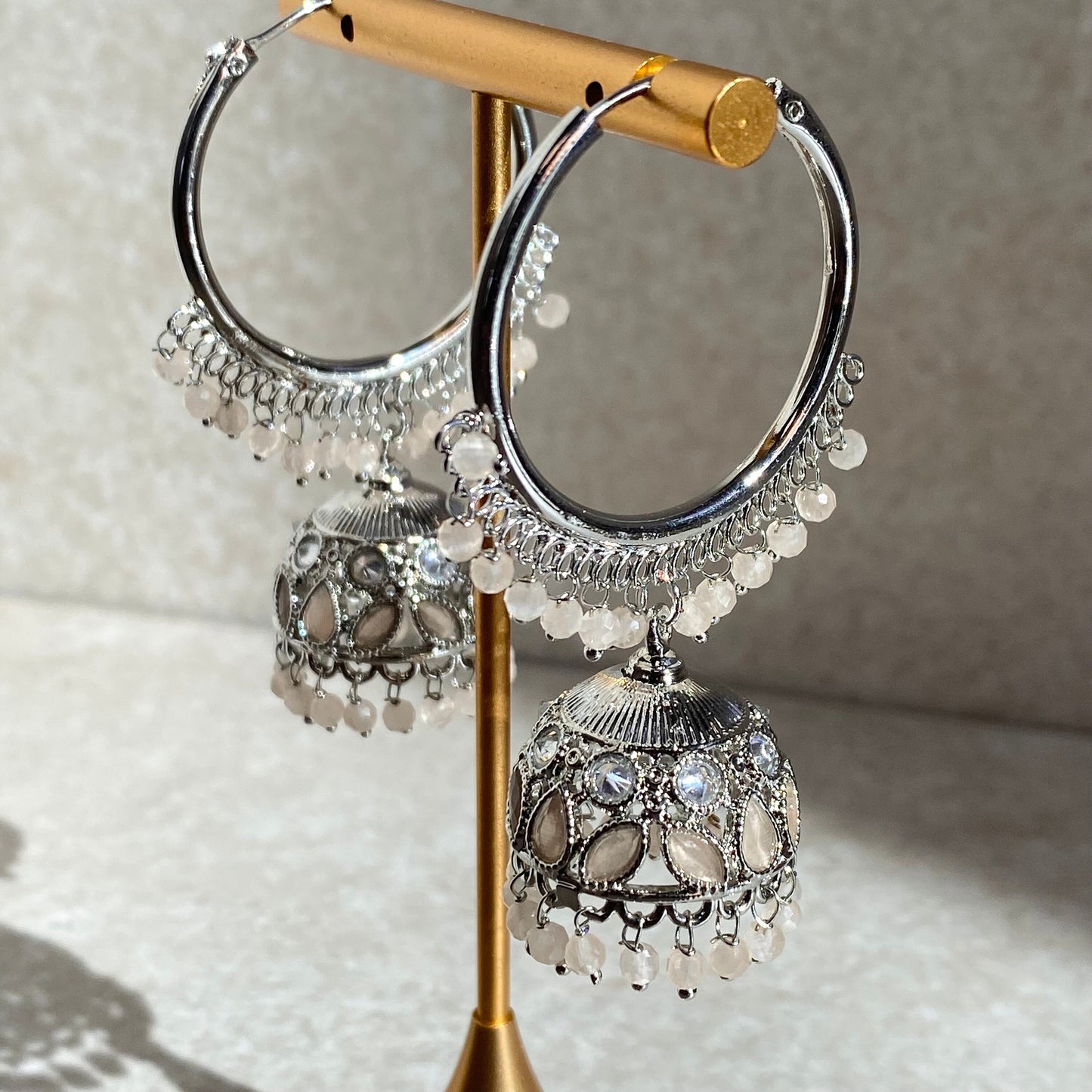 Pale Peach Silver Crystal Jhumka Indian Hoop Earring/Indian Earrings/Pakistani Fashion/Indian Jewellery/Silver Jewellery/Gifts for Women