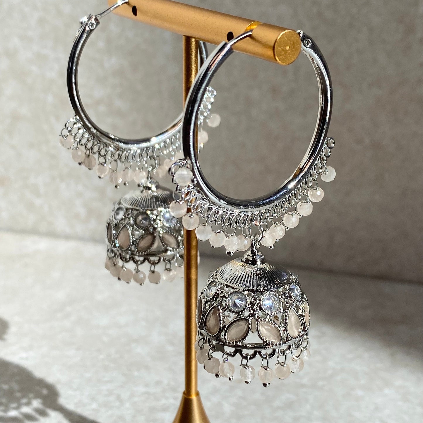 Pale Peach Silver Crystal Jhumka Indian Hoop Earring/Indian Earrings/Pakistani Fashion/Indian Jewellery/Silver Jewellery/Gifts for Women