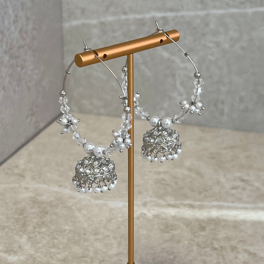 Silver Crystal Pearl Jhumka Indian Hoop Earring/Indian Earrings/Pakistani Fashion/Indian Jewellery/Silver Jewellery/Gifts for Women