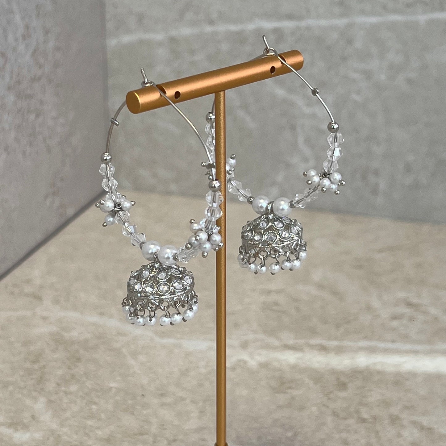 Silver Crystal Pearl Jhumka Indian Hoop Earring/Indian Earrings/Pakistani Fashion/Indian Jewellery/Silver Jewellery/Gifts for Women