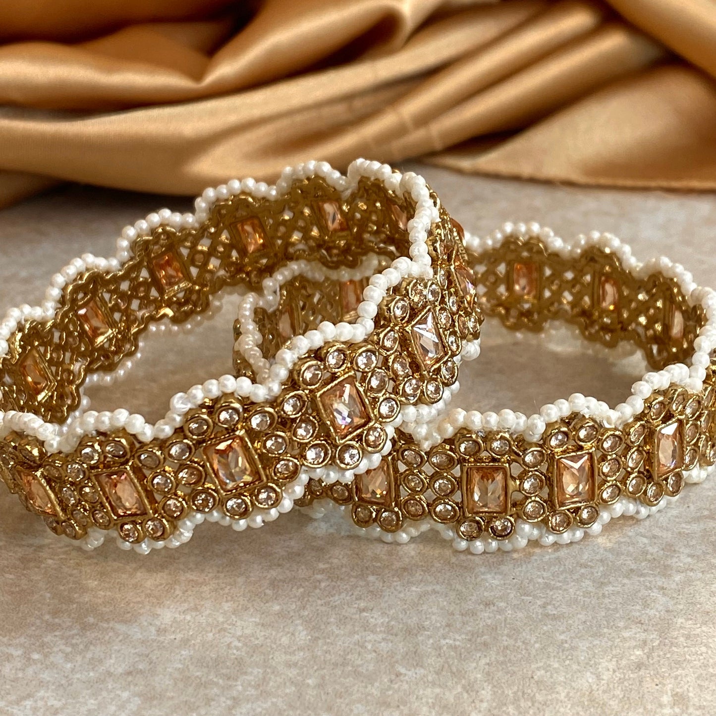 Set of 2 Gold/ Champagne/ Pearl Bangles - Indian/ Pakistani/Jewelley/ Fashion Bracelet