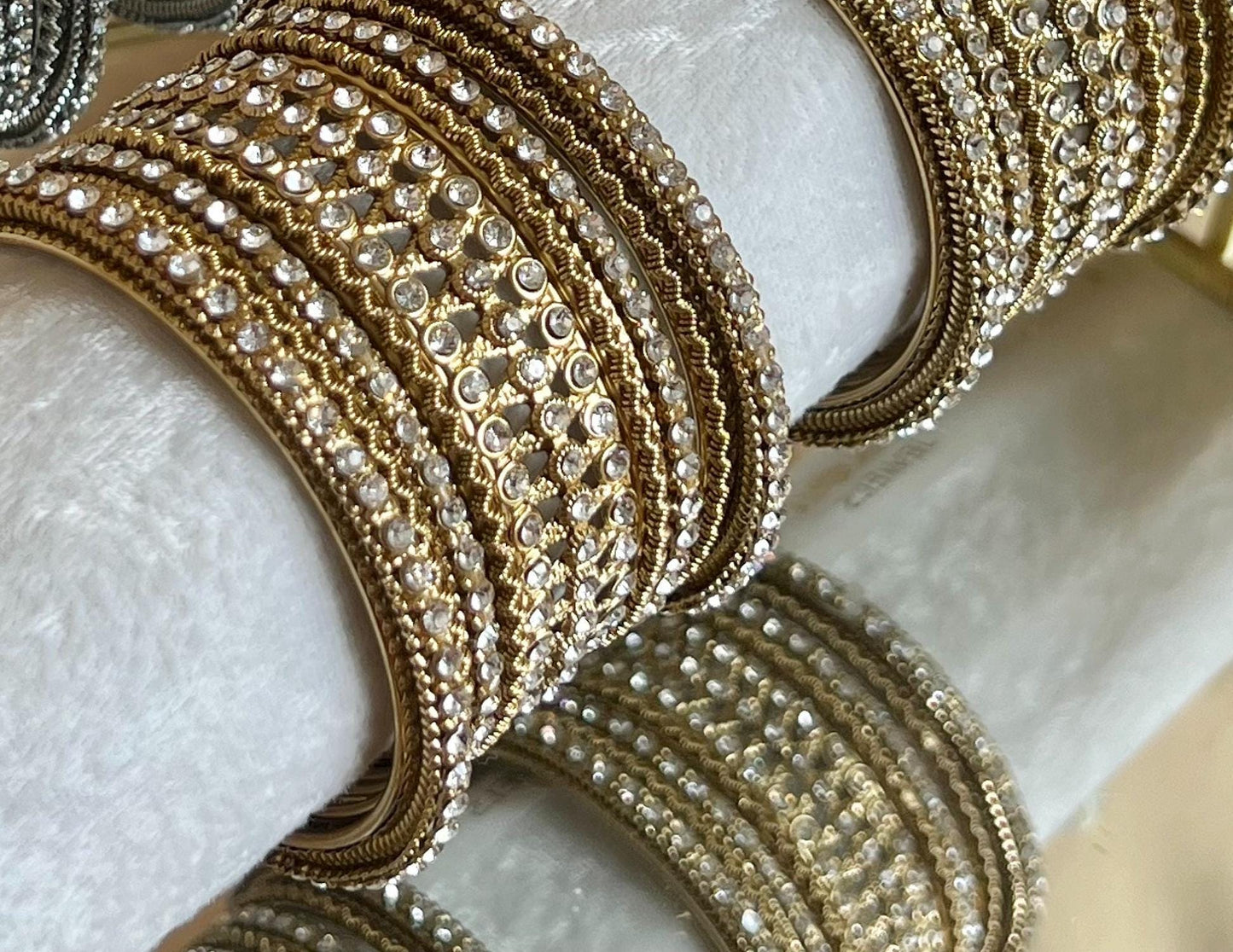 Clear Crystal Bangles for Both Arms - Antique Gold Base with Silver Rhinestone/Indian/ Pakistani/Jewelley/ Fashion Bracelet