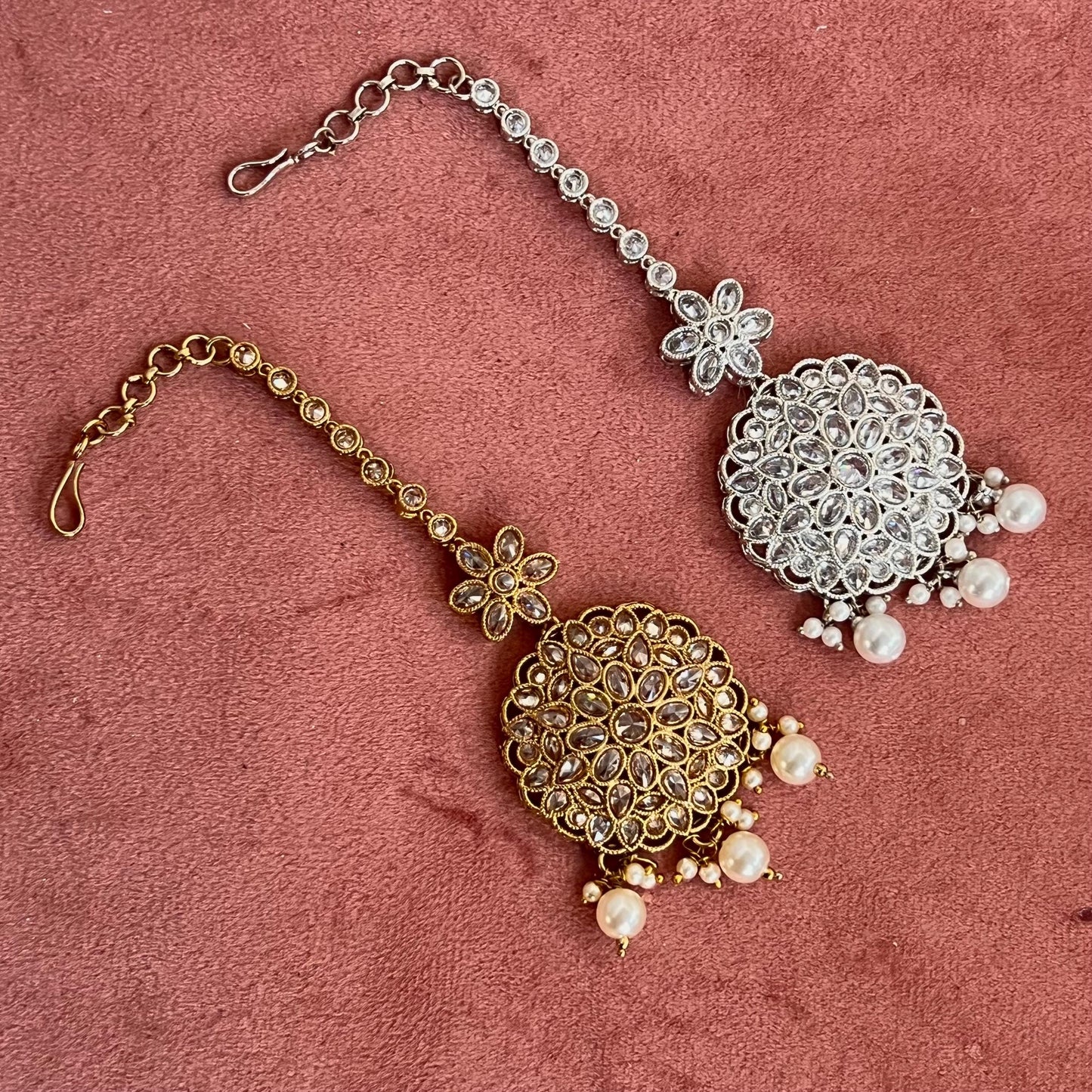 Round Crystal Tikka - Antique Gold /Champagne Zircon Crystal /Silver  Tikli/ Indian/ Pakistani Fashion Jewellery/ Maang Tikkas/ Mix Colours