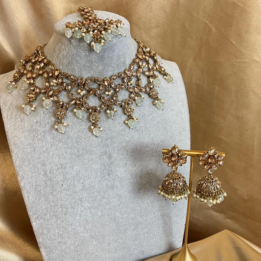 Mint Green, Antique Gold/ Champagne Necklace set/ Choker,Jhumka Earring and Tikka/ Necklace/ Unique Style/ Indian/ Pakistani Gift for Women