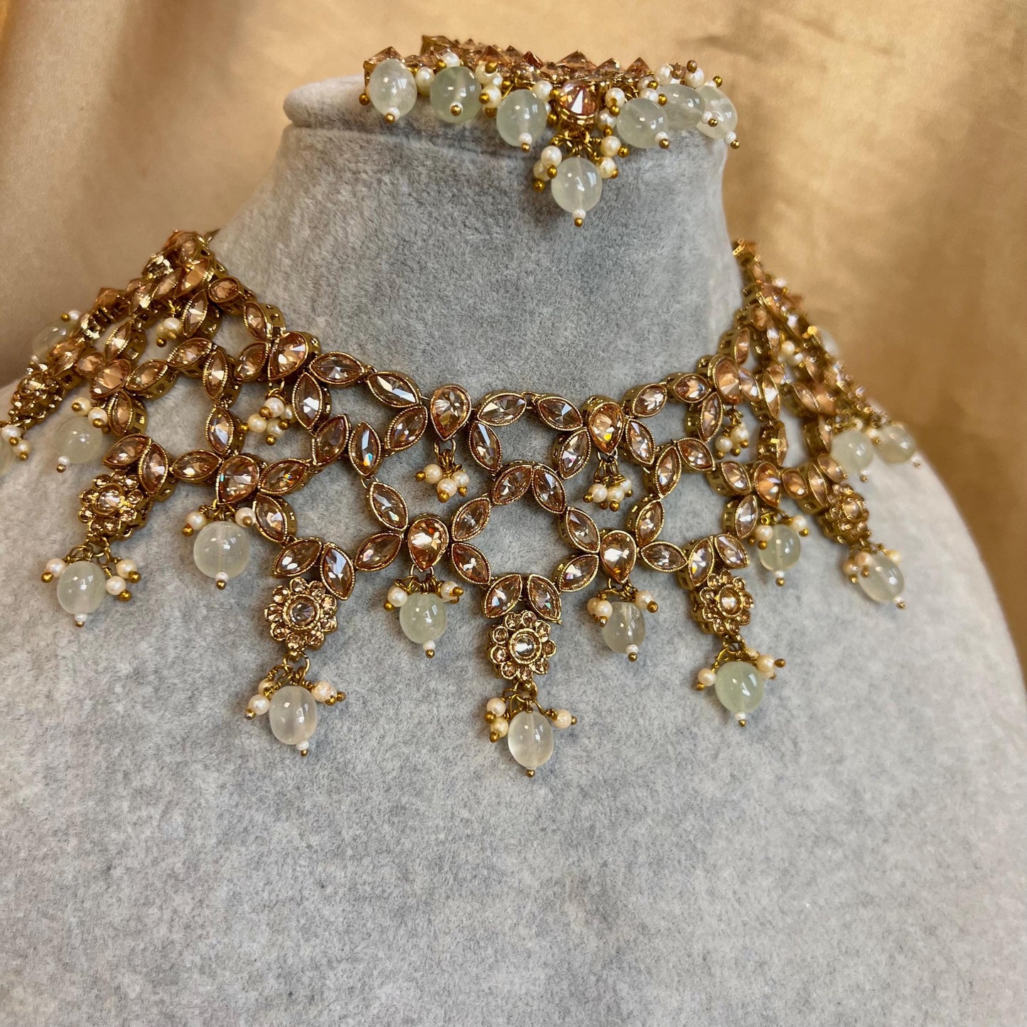 Mint Green, Antique Gold/ Champagne Necklace set/ Choker,Jhumka Earring and Tikka/ Necklace/ Unique Style/ Indian/ Pakistani Gift for Women