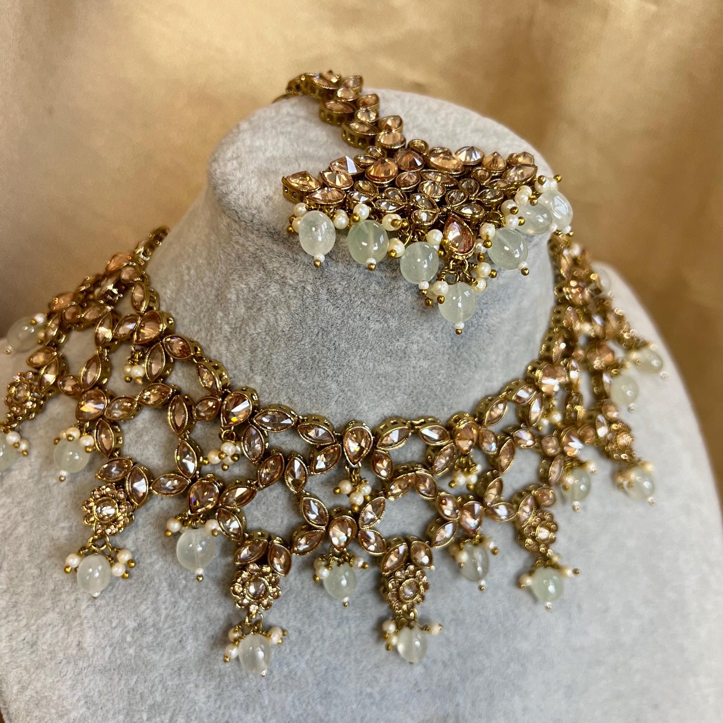 Mint Green, Antique Gold/ Champagne Necklace set/ Choker,Jhumka Earring and Tikka/ Necklace/ Unique Style/ Indian/ Pakistani Gift for Women