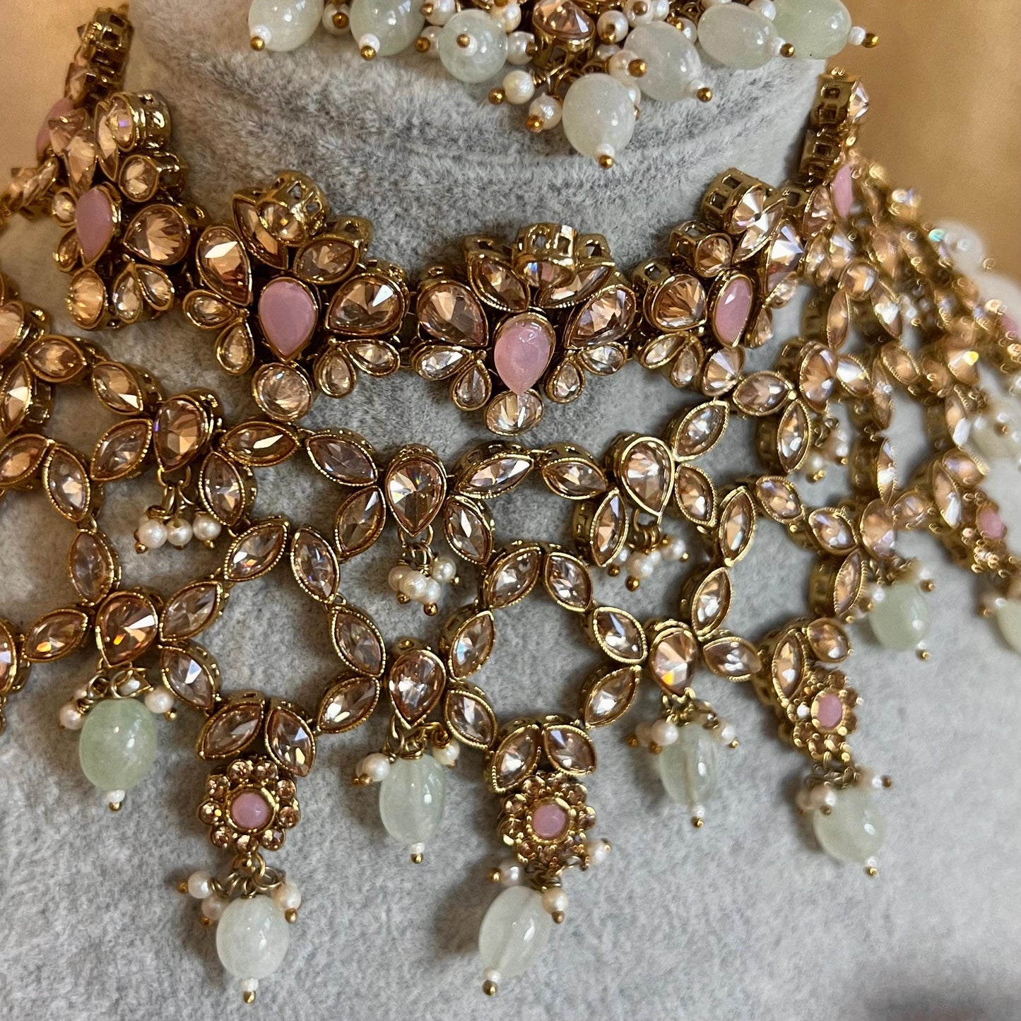 Pink Mint, Antique Gold/ Champagne Necklace set + Choker,Jhumka Earring and Tikka/ Necklace/ Unique Style/ Indian/ Pakistani Gift for Women