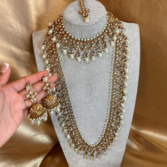 Pearl/ Gold Champagne Long Mala set with Choker,Jhumka Earring and Tikka/ Haar/ Long Necklace/ Unique Style/ Indian/ Pakistani/ Gift