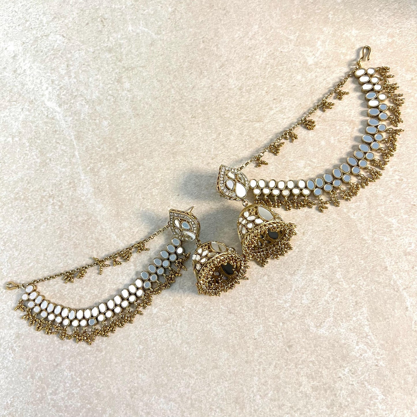 Antique Gold/Golden Mirror Detail Jhumka Earrings With Ear Chains/Saharay/ Indian Style Earring