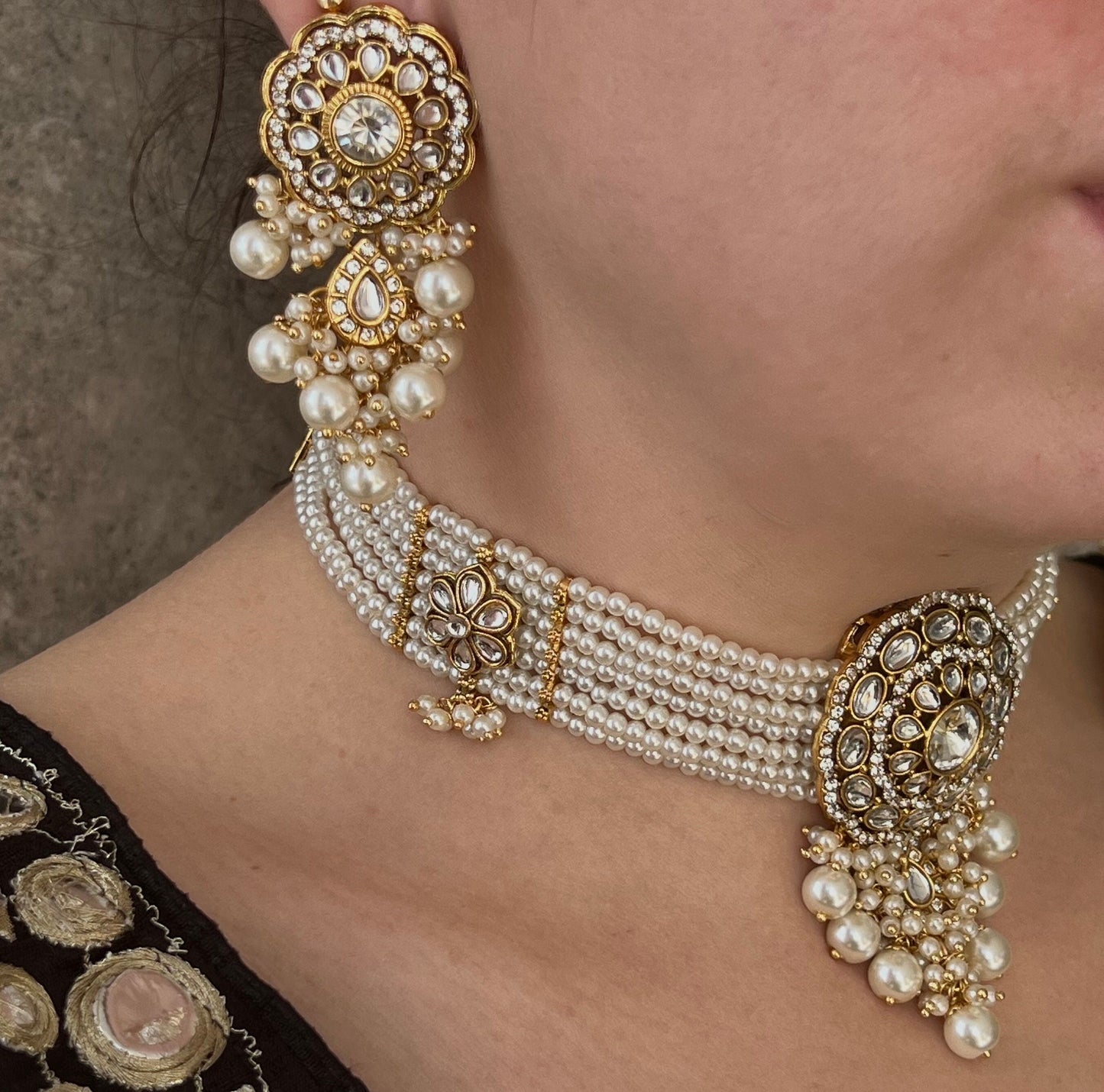 Faux Kundan Clear Pearl Choker set Earring/ Tikka/ Tikli/ Indian/ Pakistani/Fashion Jewellery/ Gift for Women/