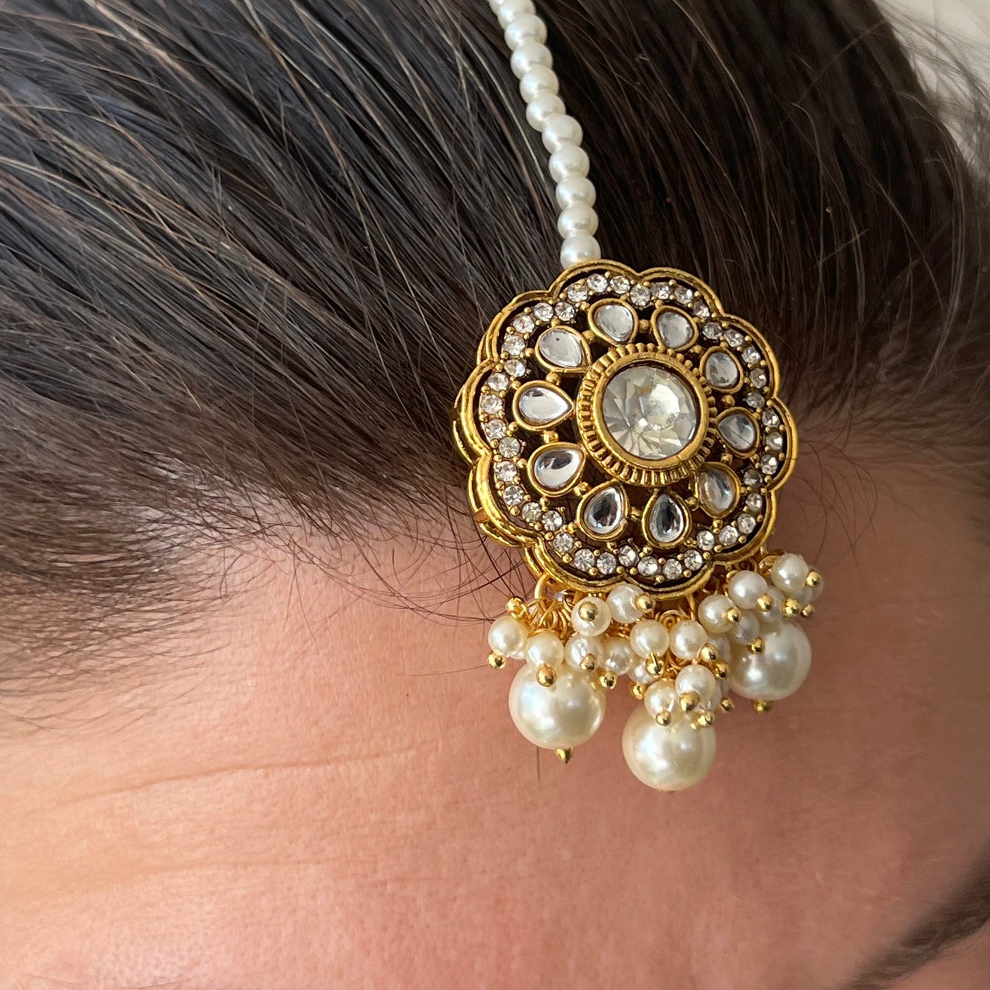 Faux Kundan Clear Pearl Choker set Earring/ Tikka/ Tikli/ Indian/ Pakistani/Fashion Jewellery/ Gift for Women/