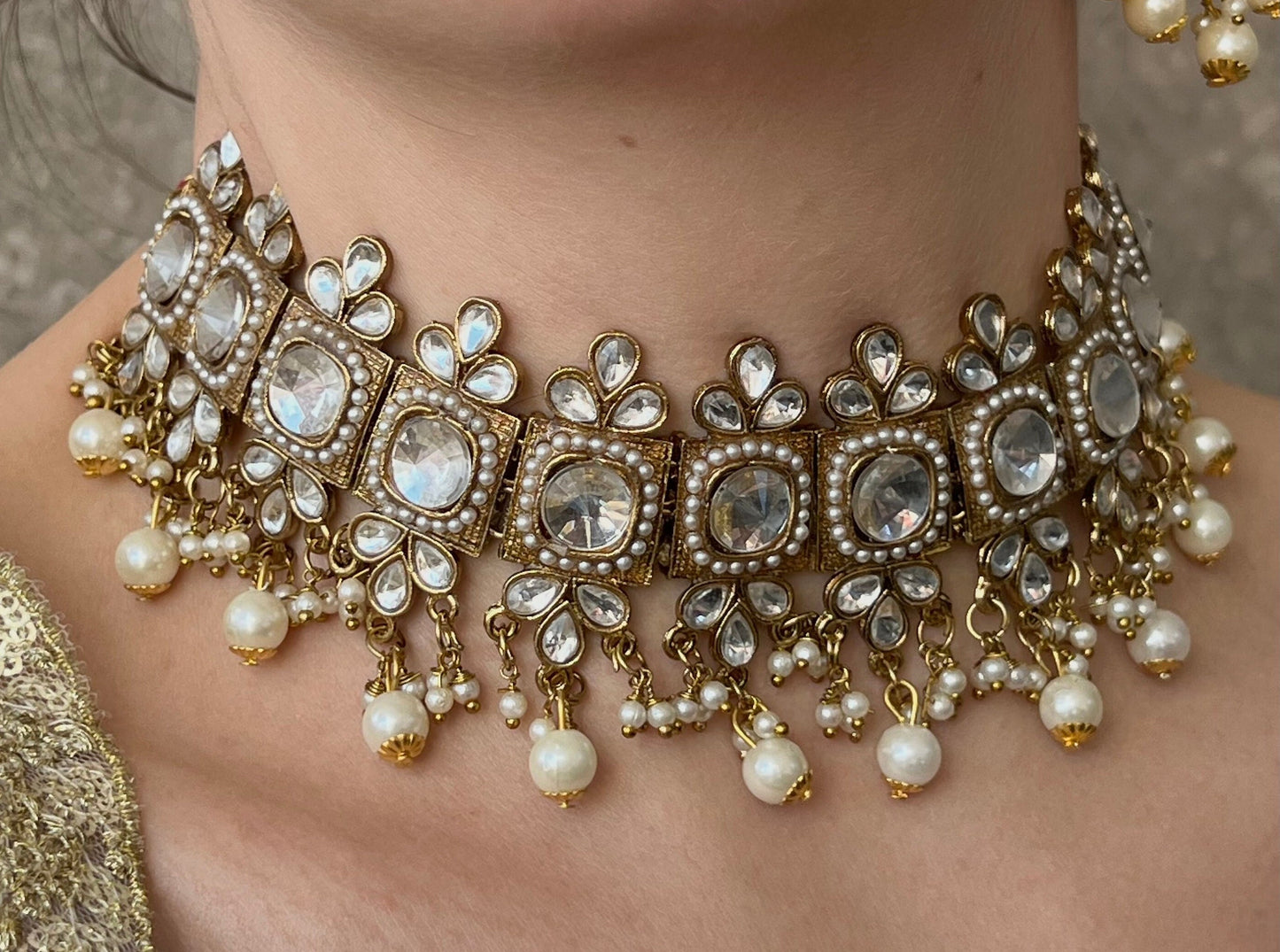 Clear Faux Kundan with Earrings and Tikka/ Unique Style/ Indian/ Pakistani/Fashion Jewellery/ Gift for Women