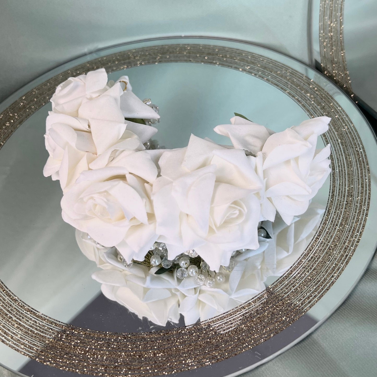 Ladies Floral Bun Gajra Artificial Flower Accessory - White/Crystals/Accessories/Hair Accessory for Women/Gajra