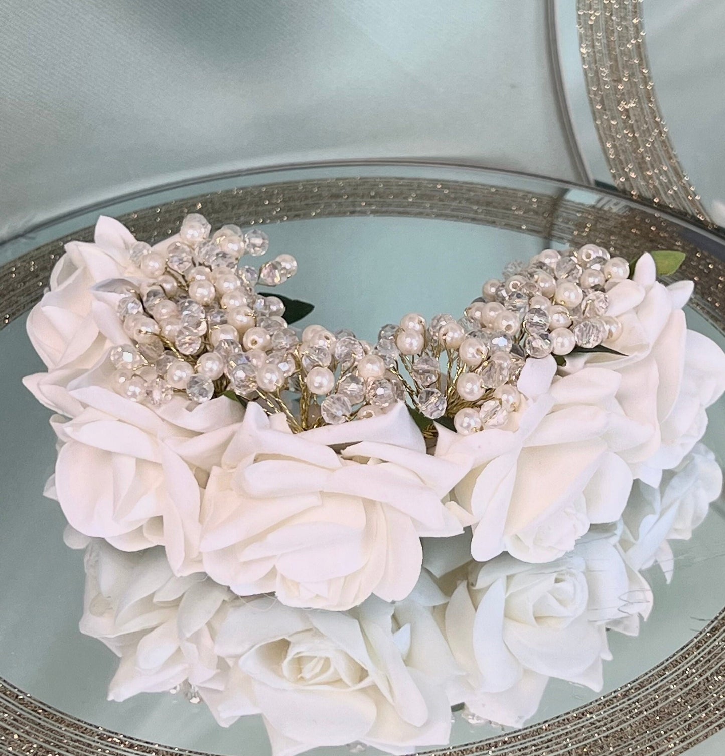 Ladies Floral Bun Gajra Artificial Flower Accessory - White/Crystals/Accessories/Hair Accessory for Women/Gajra