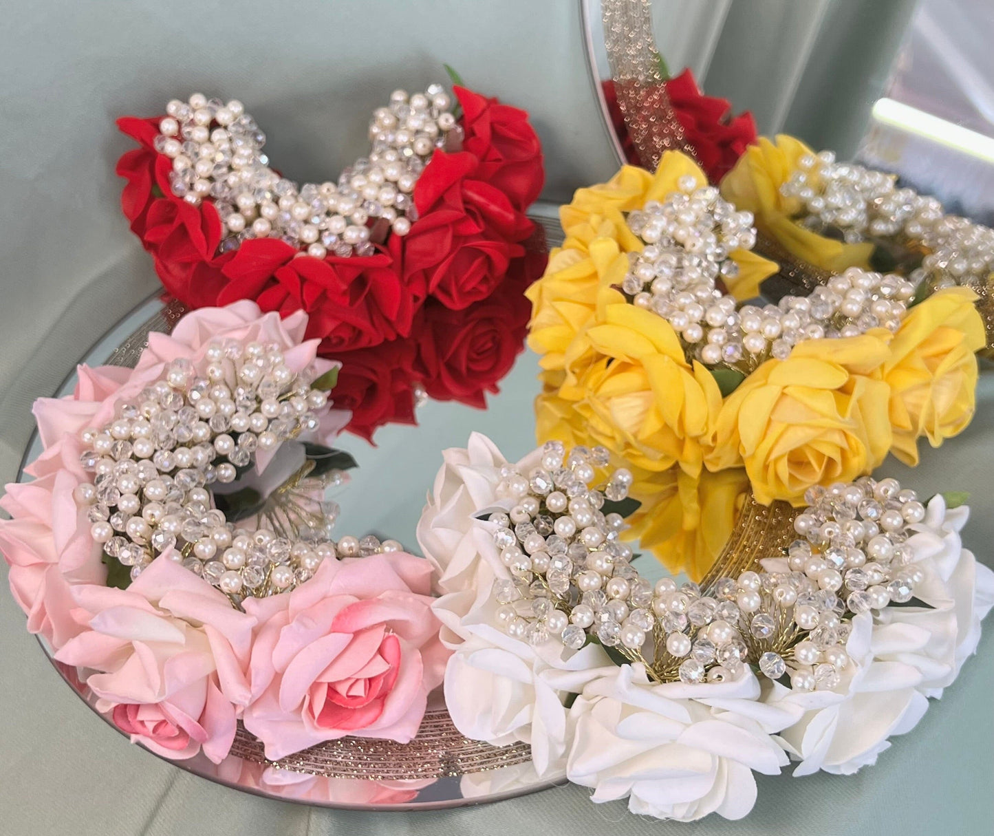 Ladies Floral Bun Gajra Artificial Flower Accessory - White/Crystals/Accessories/Hair Accessory for Women/Gajra