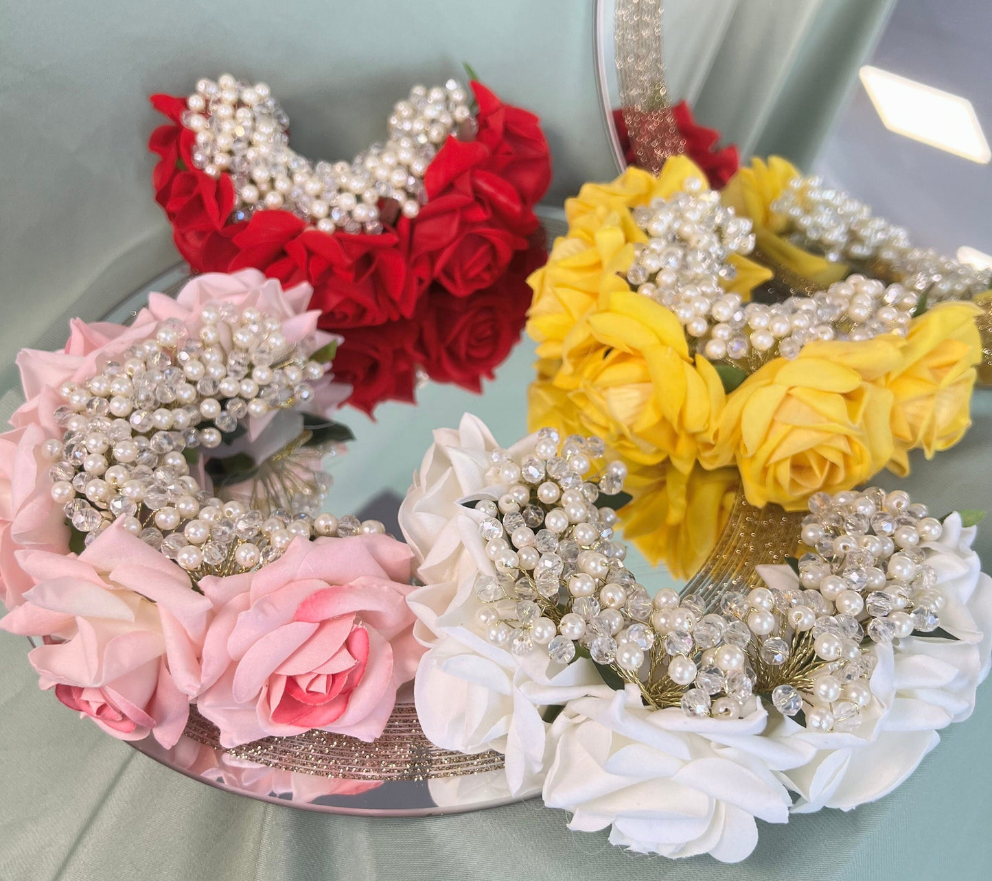 Ladies Floral Bun Gajra Artificial Flower Accessory - White/Crystals/Accessories/Hair Accessory for Women/Gajra