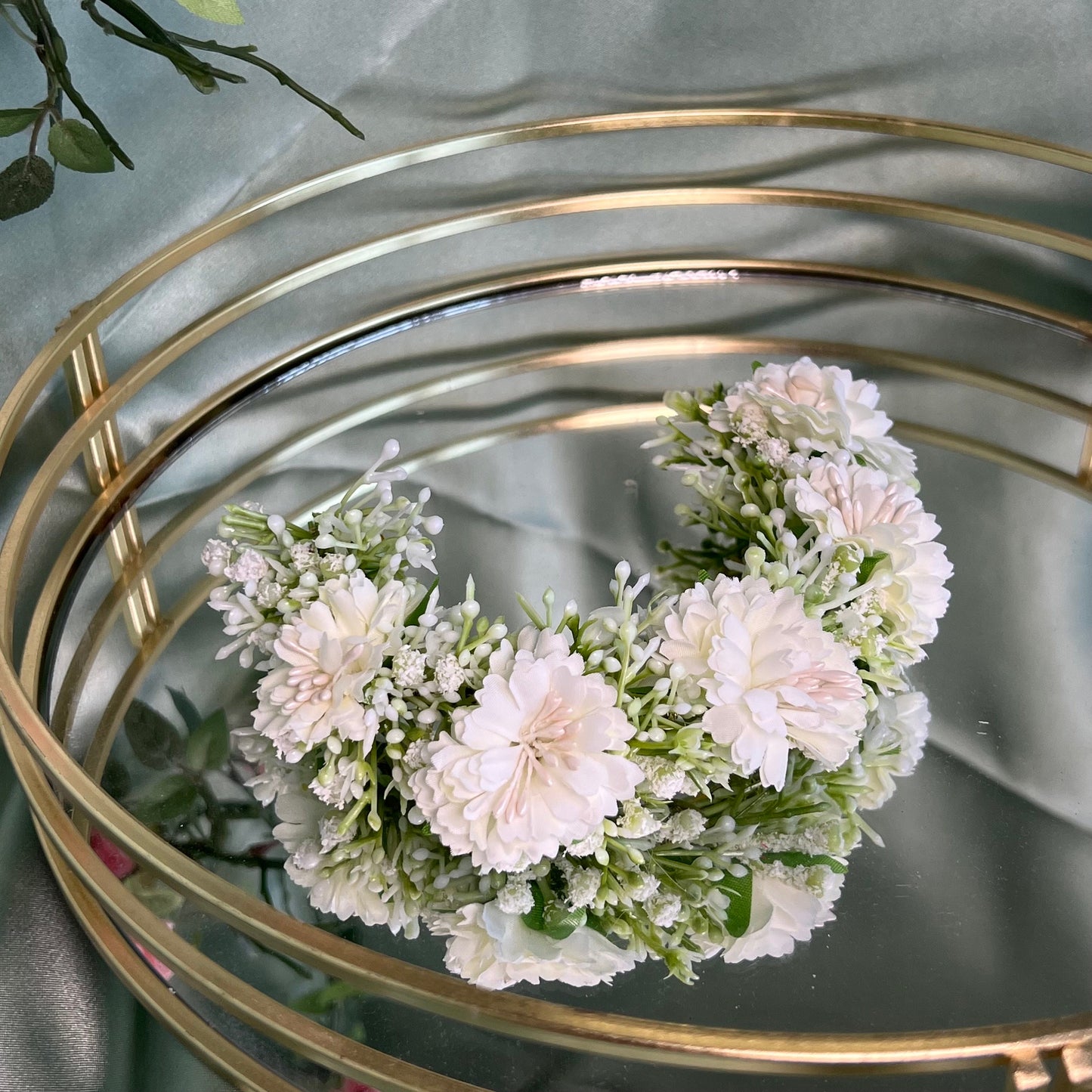 Ladies White & Crystal Floral Bun Gajra Artificial Flower Accessory - White Pearl Floral Hair Accessories/Hair Accessory for Women/Gajra