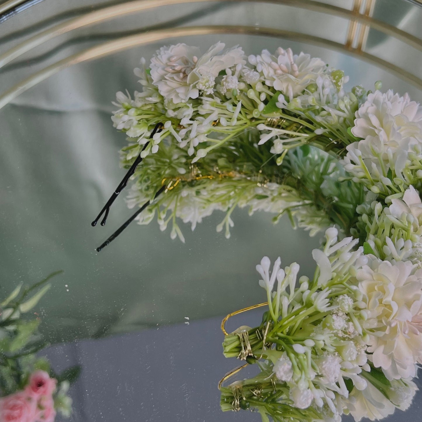 Ladies White & Crystal Floral Bun Gajra Artificial Flower Accessory - White Pearl Floral Hair Accessories/Hair Accessory for Women/Gajra