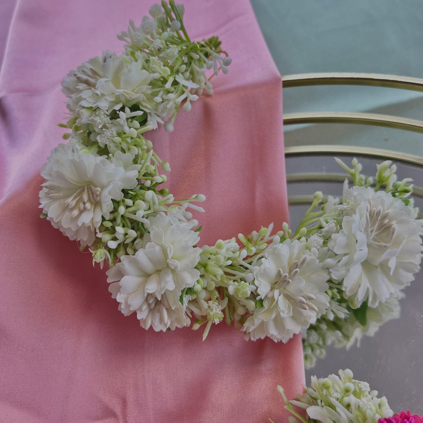 Ladies White & Crystal Floral Bun Gajra Artificial Flower Accessory - White Pearl Floral Hair Accessories/Hair Accessory for Women/Gajra