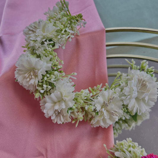 Ladies White & Crystal Floral Bun Gajra Artificial Flower Accessory - White Pearl Floral Hair Accessories/Hair Accessory for Women/Gajra
