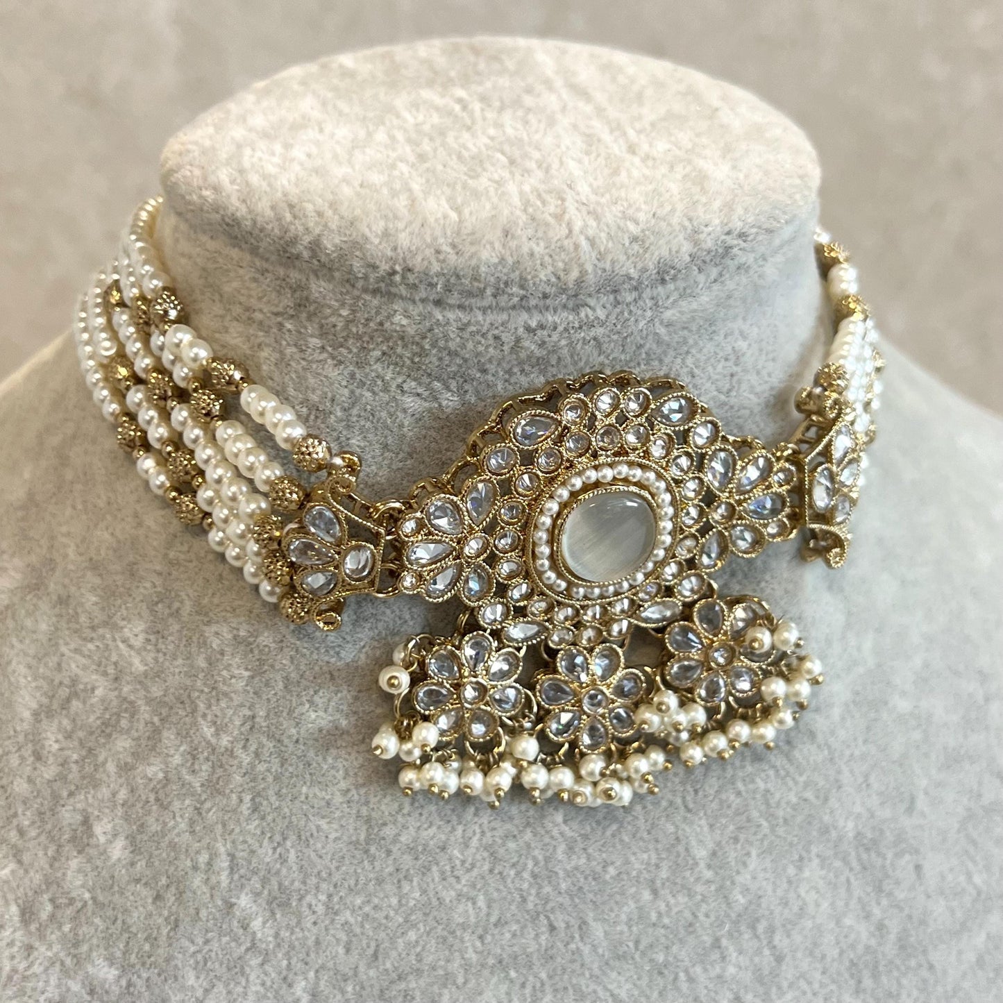 Pearl Clear Crystal Choker Only, Antique gold with Clear Zircon Crystals- Indian/ Pakistani Style/Bridal set/Wedding/ Light gold