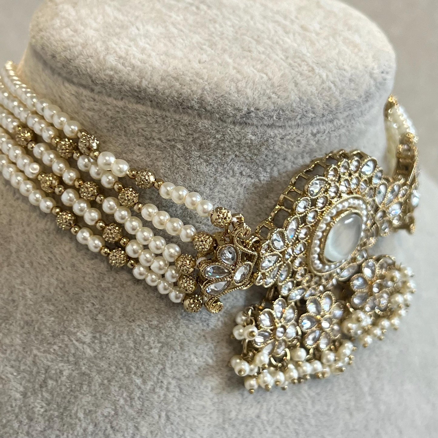 Pearl Clear Crystal Choker Only, Antique gold with Clear Zircon Crystals- Indian/ Pakistani Style/Bridal set/Wedding/ Light gold