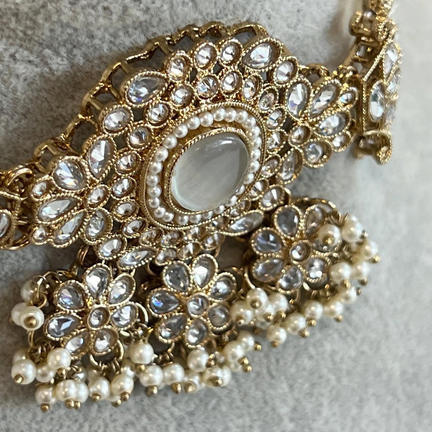 Pearl Clear Crystal Choker Only, Antique gold with Clear Zircon Crystals- Indian/ Pakistani Style/Bridal set/Wedding/ Light gold