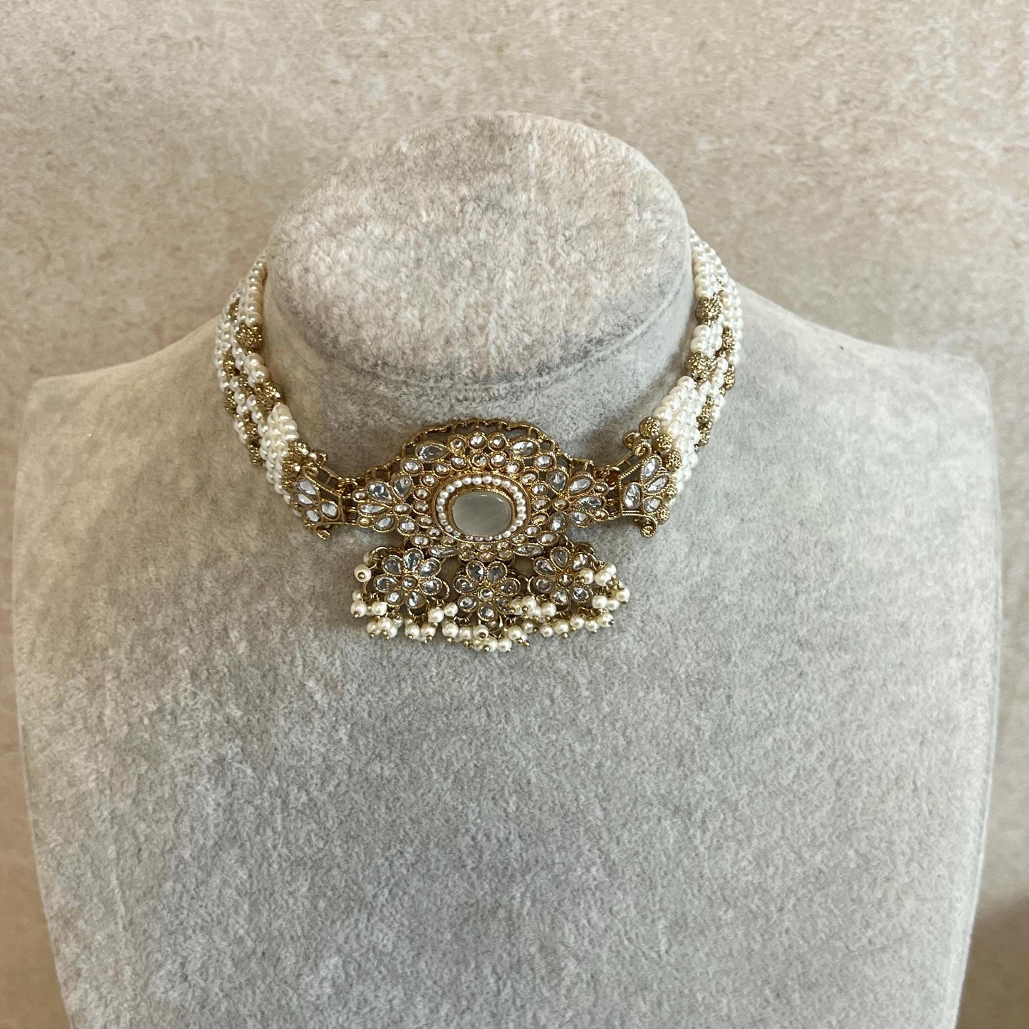 Pearl Clear Crystal Choker Only, Antique gold with Clear Zircon Crystals- Indian/ Pakistani Style/Bridal set/Wedding/ Light gold