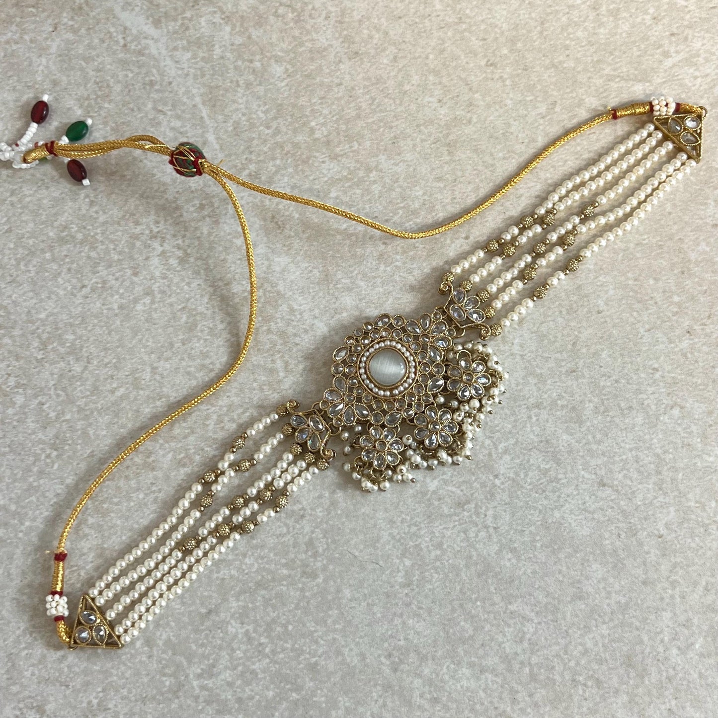 Pearl Clear Crystal Choker Only, Antique gold with Clear Zircon Crystals- Indian/ Pakistani Style/Bridal set/Wedding/ Light gold